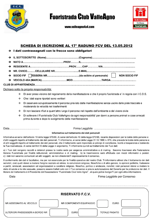 Modulo iscrizione 17 raduno 13 maggio 2012