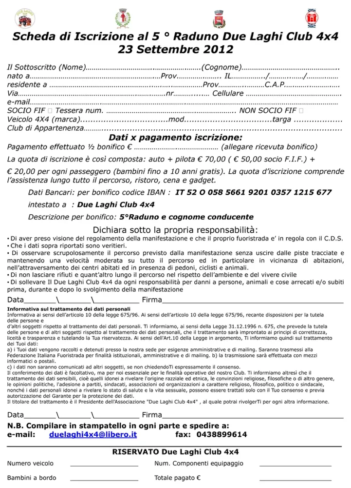 Modulo iscrizione 5 raduno due laghi 4x4 2012